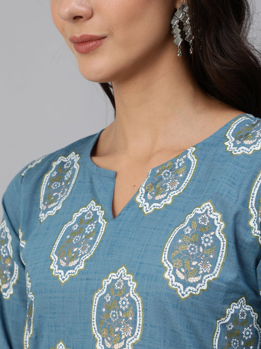 Women Blue & Gold Printed Kurta Set With Plazo & Dupatta | LASVINI - Redefining Indian Fashion with Elegance