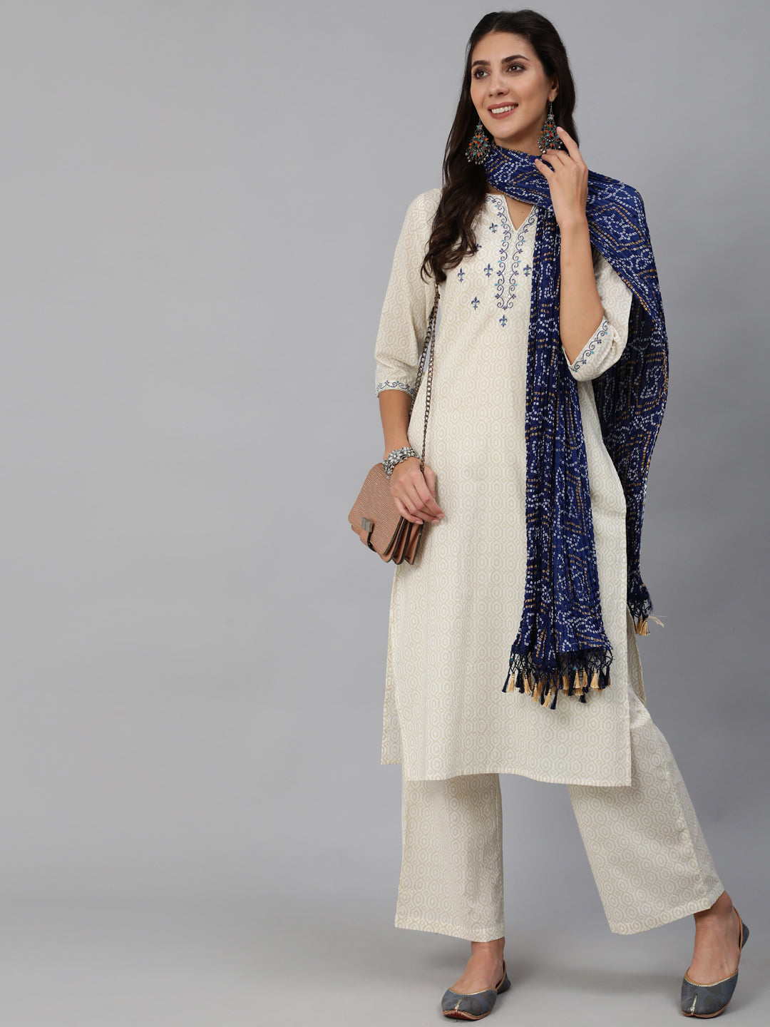 Women Cream & Blue Embroidered Straight Kurta Set With Plazo & Wrinkled Dupatta | LASVINI - Redefining Indian Fashion with Elegance
