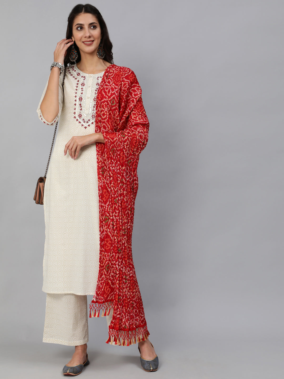 Women Cream & Red Embroidered Straight Kurta Set With Plazo & Wrinkled Dupatta | LASVINI - Redefining Indian Fashion with Elegance