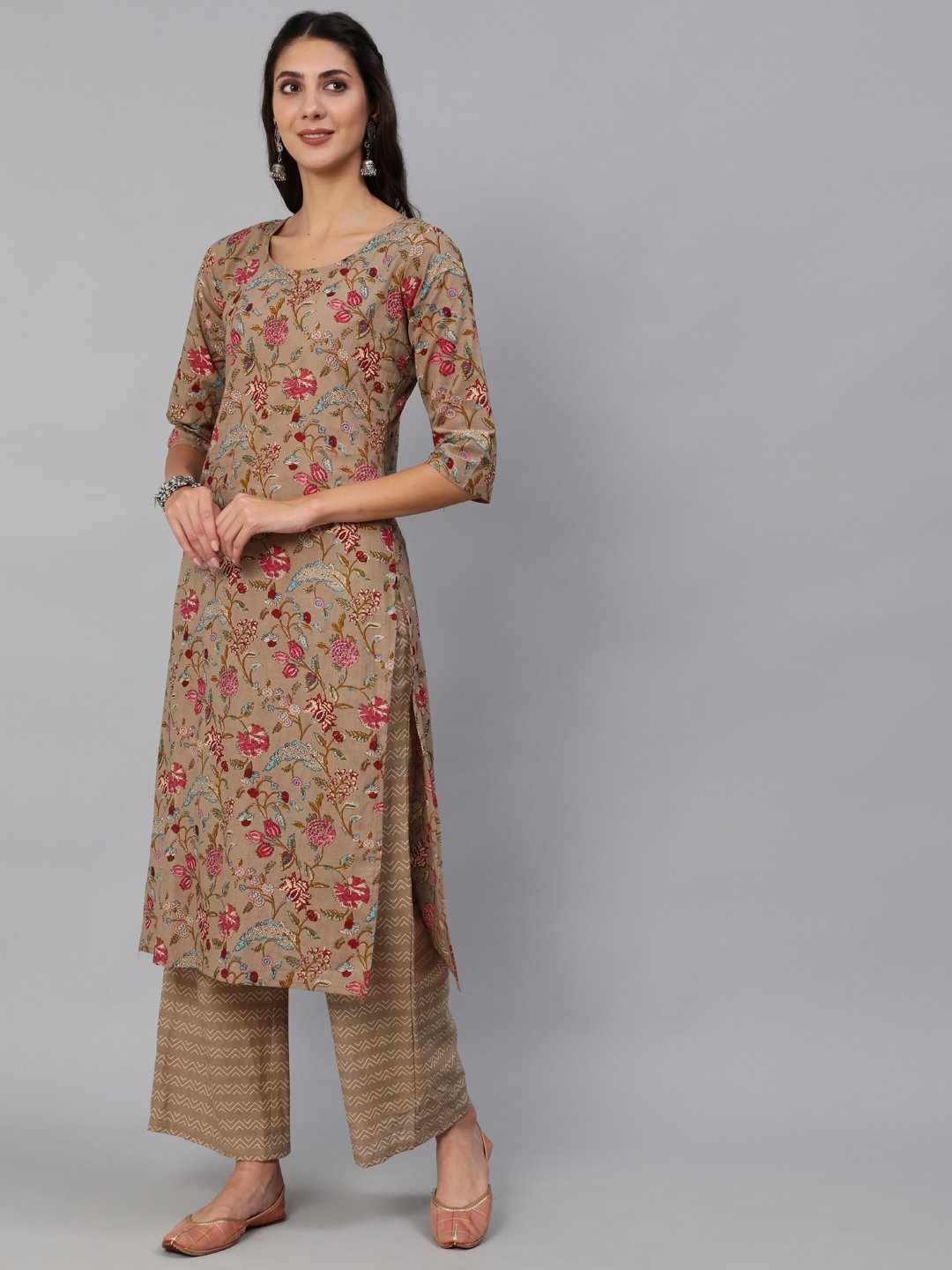 Women Grey Printed Straight Kurta Set With Plazo & Dupatta | LASVINI - Redefining Indian Fashion with Elegance