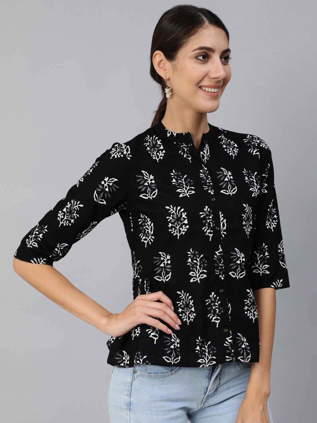Women Black Printed Top With Three Quarter Flared Sleeves | LASVINI - Redefining Indian Fashion with Elegance