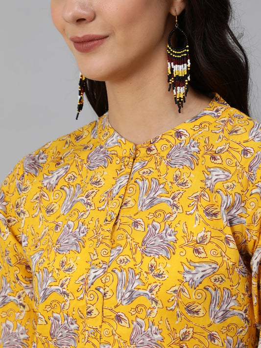 Women Yellow & Grey Floral Printed Straight Kurta Set With Plazo & Dupatta | LASVINI - Redefining Indian Fashion with Elegance