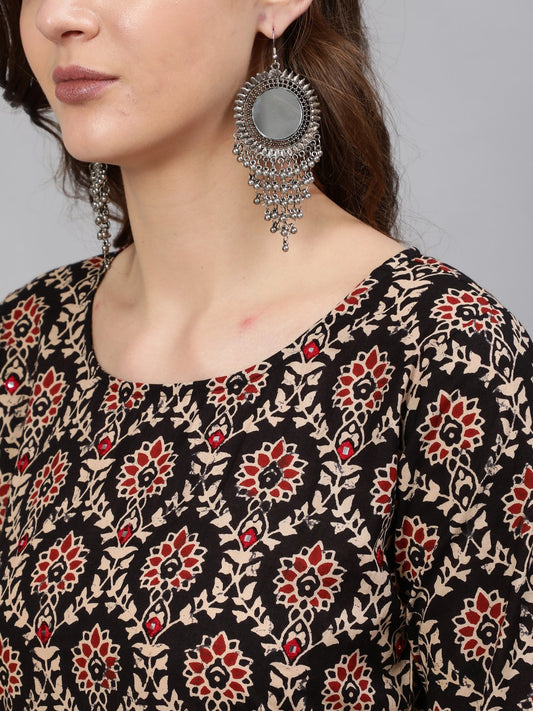 Women Black Mirror Work Printed Straight Kurta With Three Quarter Sleeves | LASVINI - Redefining Indian Fashion with Elegance