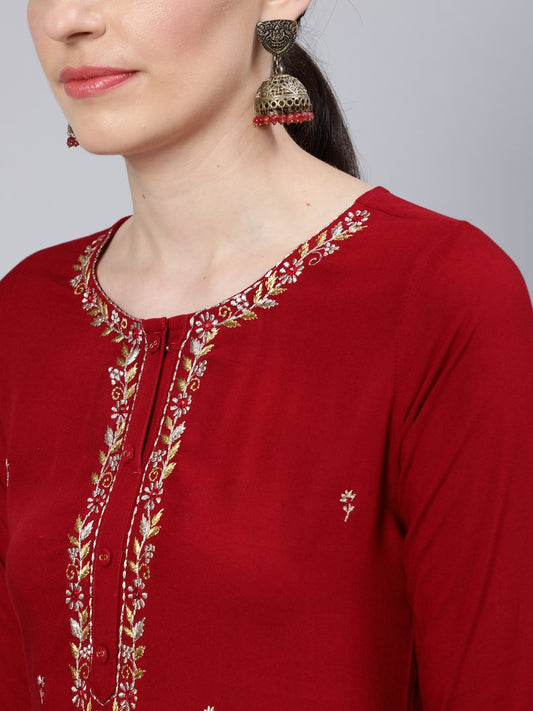 Women Maroon Embroidered Straight Kurta With Three Quarter Sleeves | LASVINI - Redefining Indian Fashion with Elegance