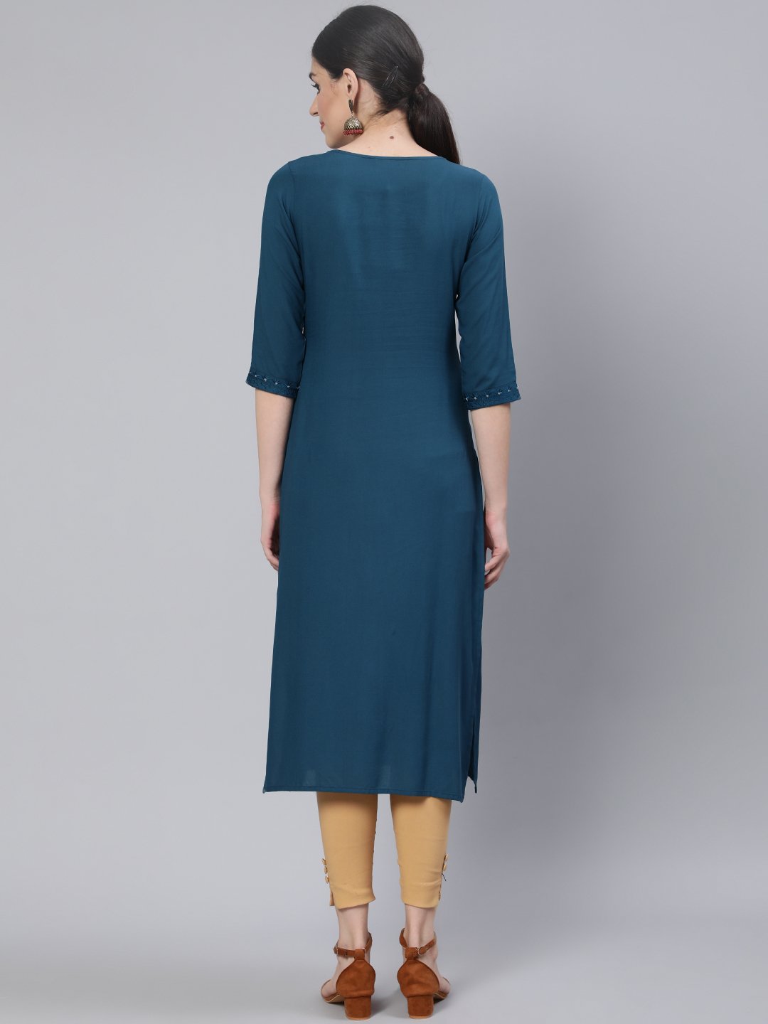 Women Teal Blue Embroidered Straight Kurta With Three Quarter Sleeves | LASVINI - Redefining Indian Fashion with Elegance