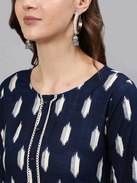 Women Navy Blue Printed Straight Kurta With Three Quarter Sleeves | LASVINI - Redefining Indian Fashion with Elegance