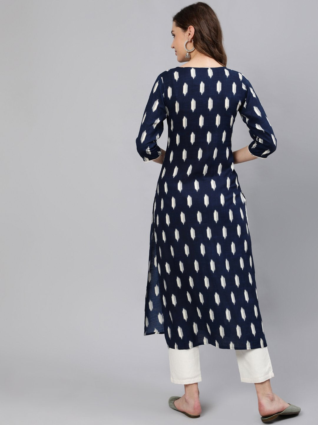 Women Navy Blue Printed Straight Kurta With Three Quarter Sleeves | LASVINI - Redefining Indian Fashion with Elegance