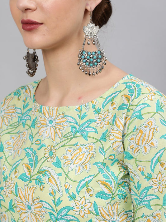 Women Green Floral Printed Straight Kurta With Plazo & Dupatta | LASVINI - Redefining Indian Fashion with Elegance
