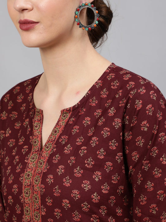 Women Wine Floral Printed Straight Kurta With Plazo & Dupatta | LASVINI - Redefining Indian Fashion with Elegance