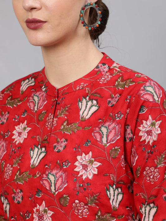 Women Red Floral Printed Straight Kurta With Plazo & Dupatta | LASVINI - Redefining Indian Fashion with Elegance