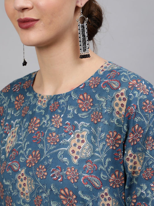 Women Blue Floral Printed Straight Kurta With Plazo & Dupatta | LASVINI - Redefining Indian Fashion with Elegance