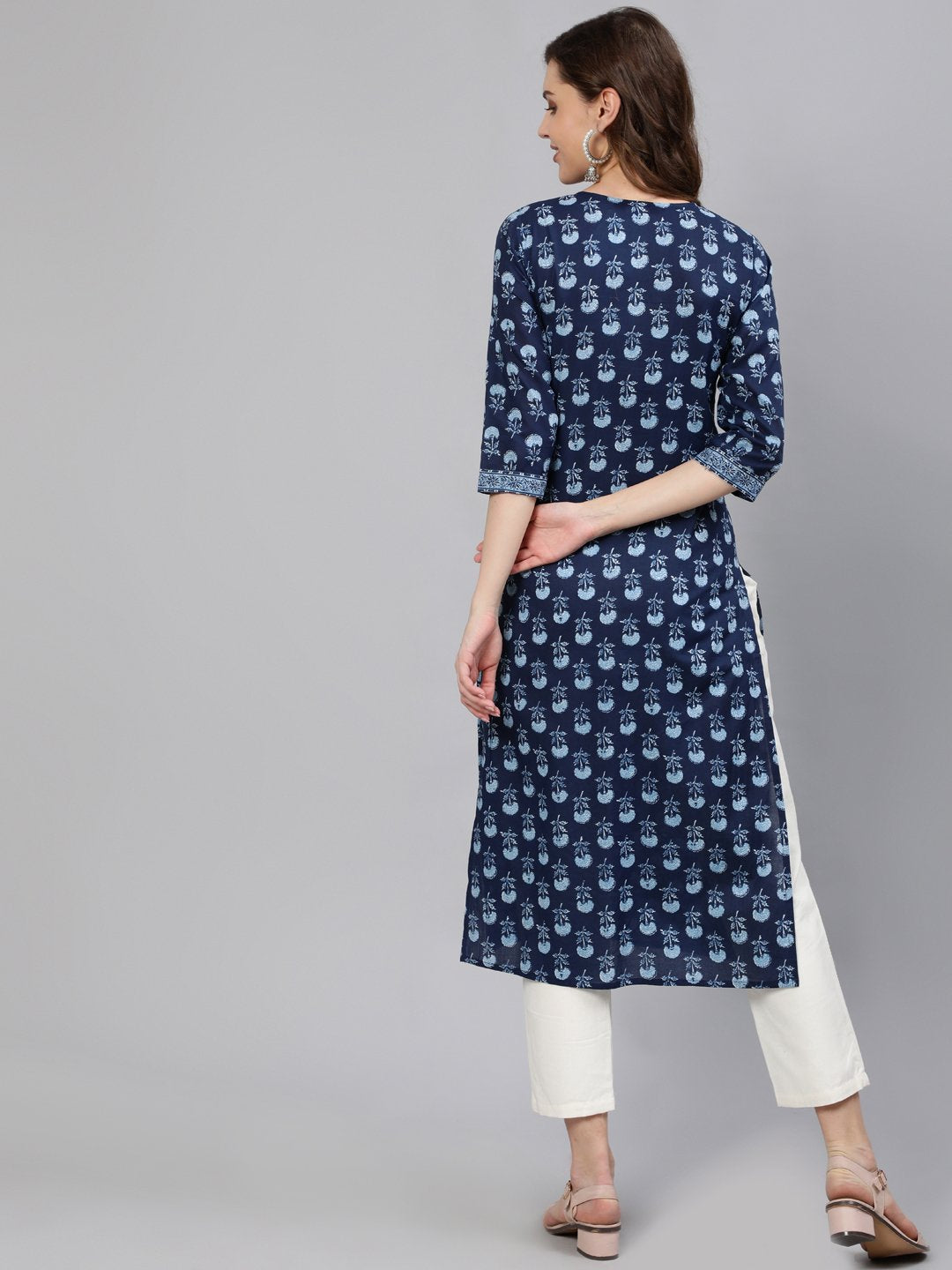 Women Blue Printed Hand Work Straight Kurta With Half Sleeves | LASVINI - Redefining Indian Fashion with Elegance