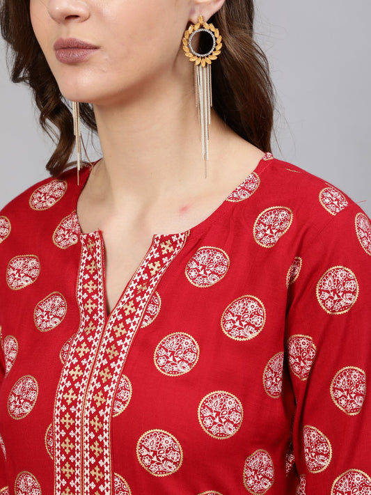 Women Red & Gold Printed Straight Kurta With Half Sleeves | LASVINI - Redefining Indian Fashion with Elegance