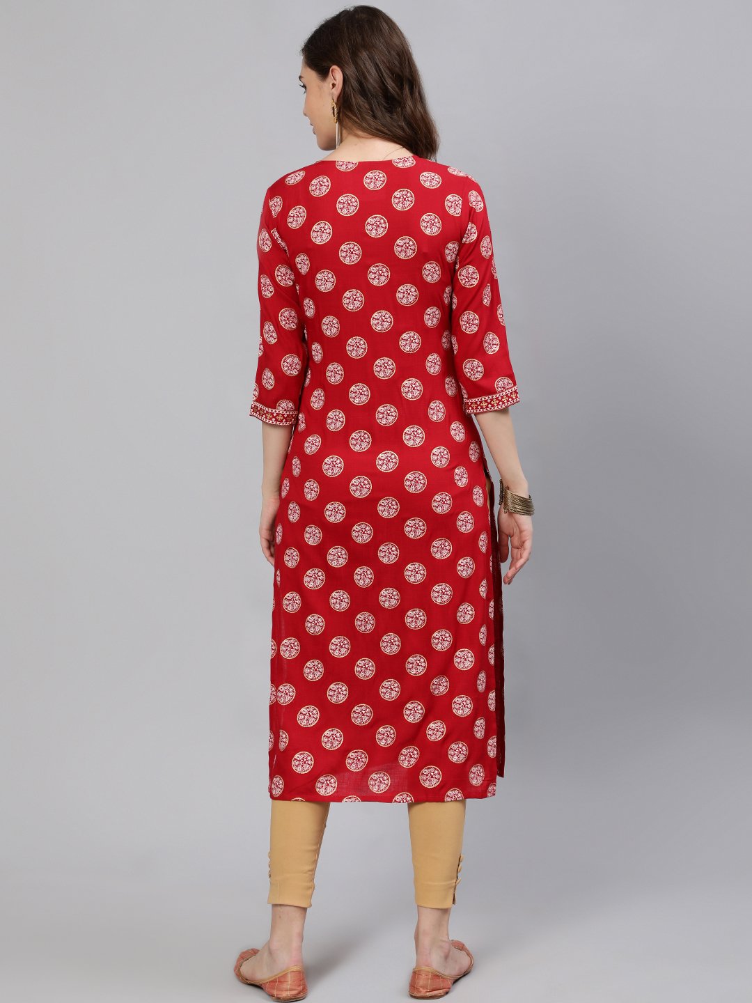 Women Red & Gold Printed Straight Kurta With Half Sleeves | LASVINI - Redefining Indian Fashion with Elegance