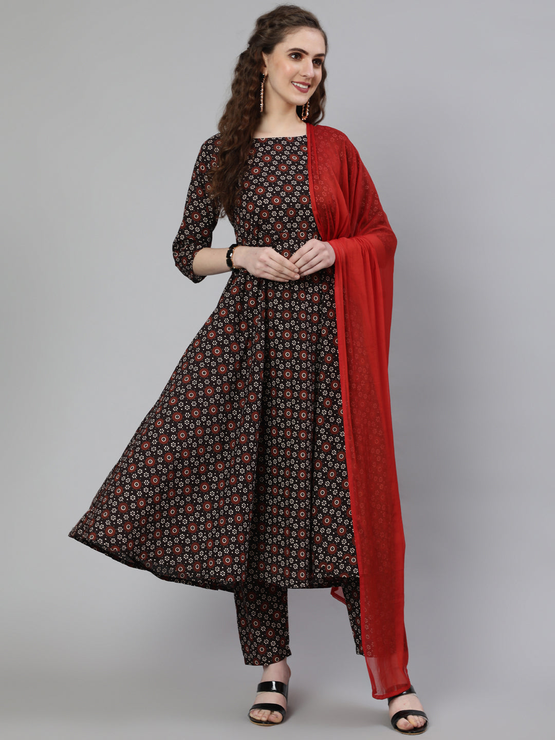 Women Black Printed Flared Kurta With Trouser & Dupatta | LASVINI - Redefining Indian Fashion with Elegance