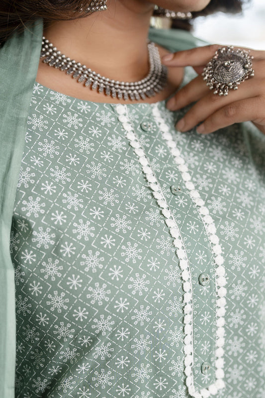 Women Green Floral Printed Straight Kurta With Plazo & Dupatta | LASVINI - Redefining Indian Fashion with Elegance