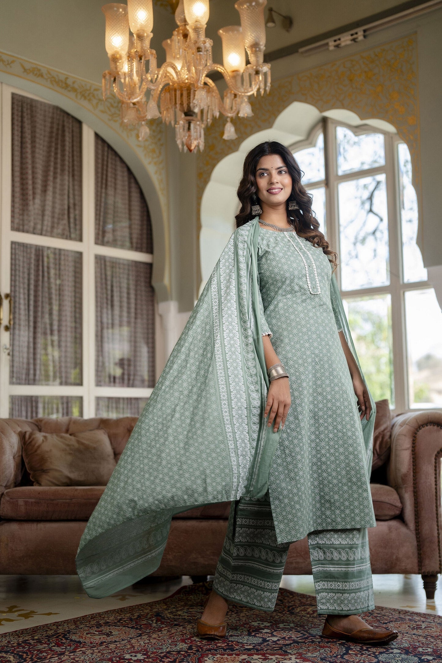 Women Green Floral Printed Straight Kurta With Plazo & Dupatta | LASVINI - Redefining Indian Fashion with Elegance