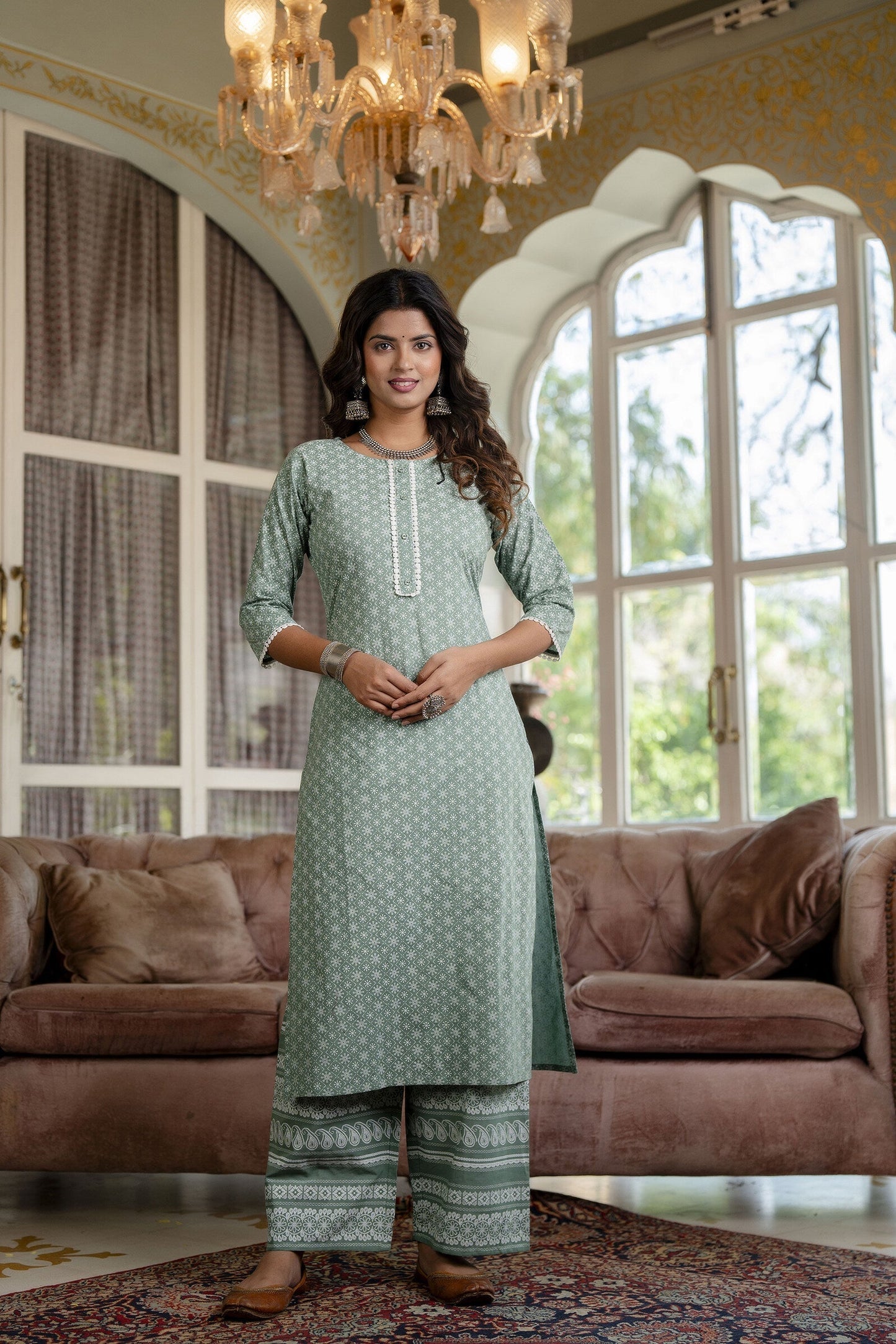 Women Green Floral Printed Straight Kurta With Plazo & Dupatta | LASVINI - Redefining Indian Fashion with Elegance