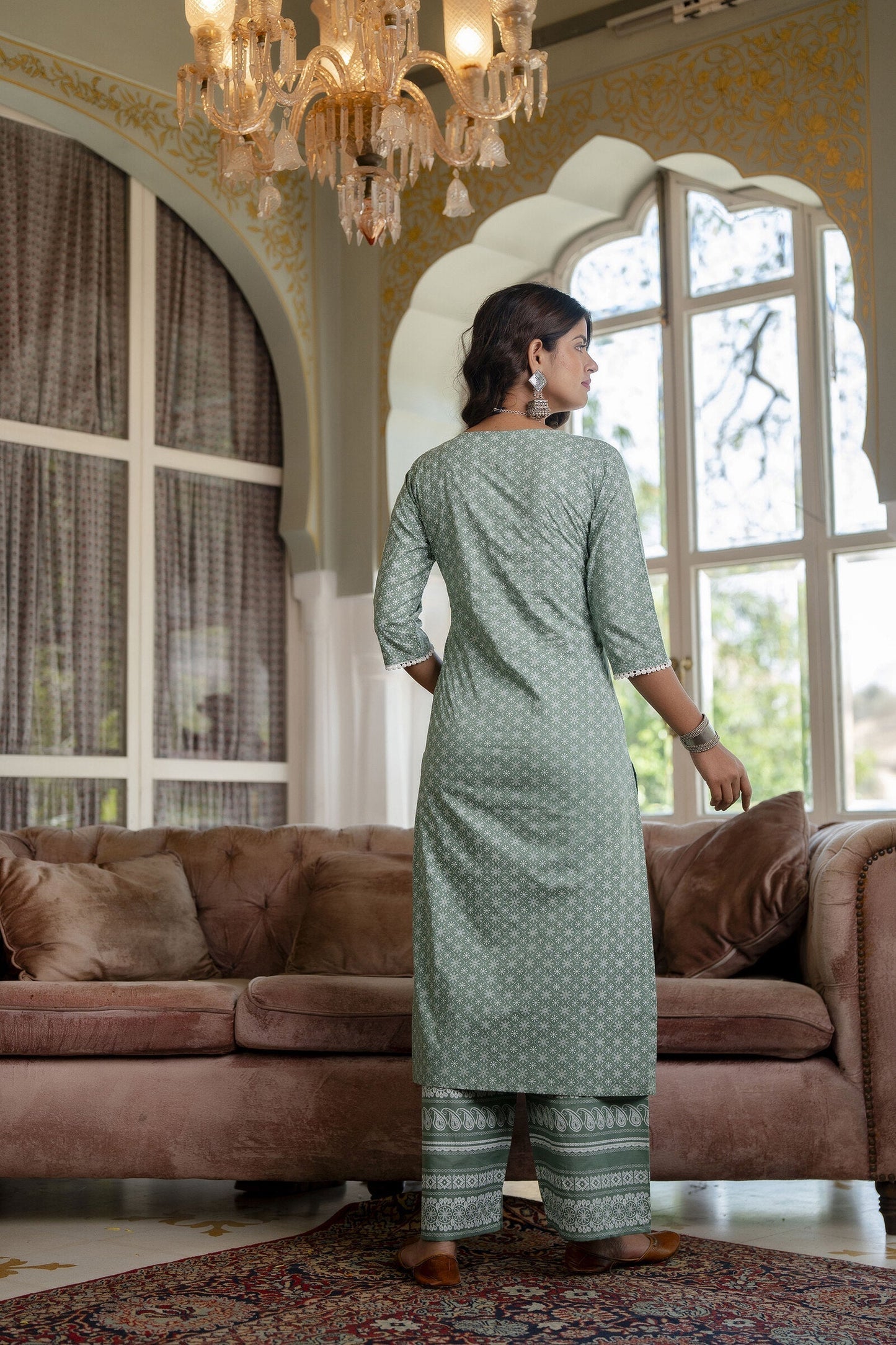 Women Green Floral Printed Straight Kurta With Plazo & Dupatta | LASVINI - Redefining Indian Fashion with Elegance