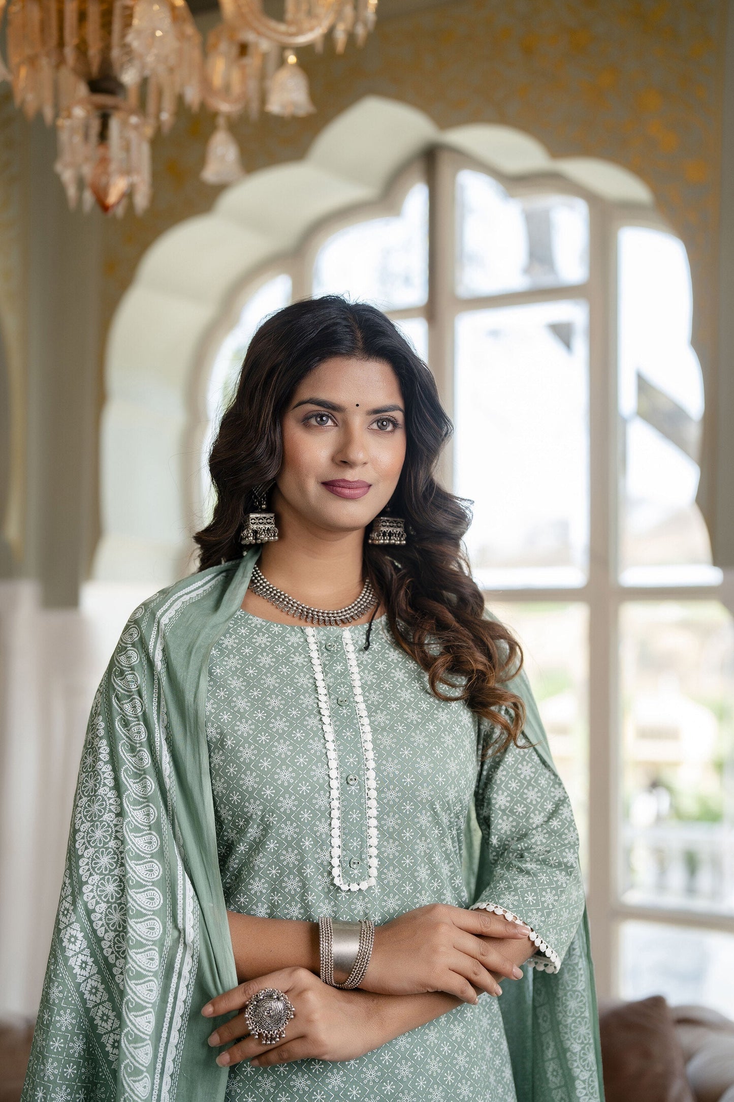 Women Green Floral Printed Straight Kurta With Plazo & Dupatta | LASVINI - Redefining Indian Fashion with Elegance