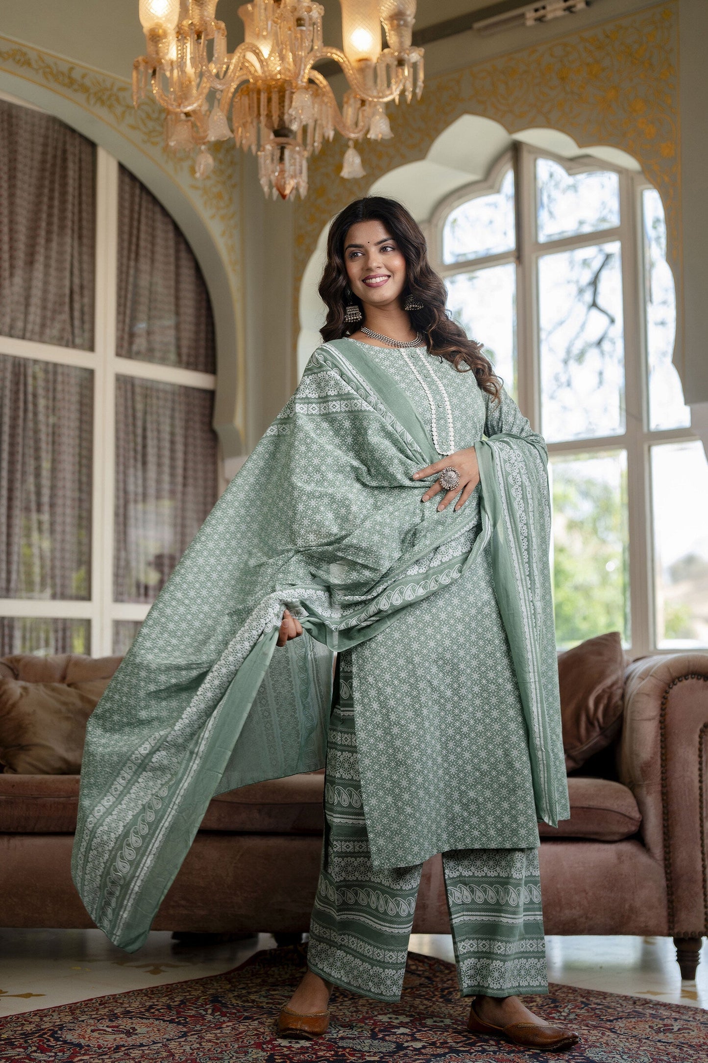 Women Green Floral Printed Straight Kurta With Plazo & Dupatta | LASVINI - Redefining Indian Fashion with Elegance
