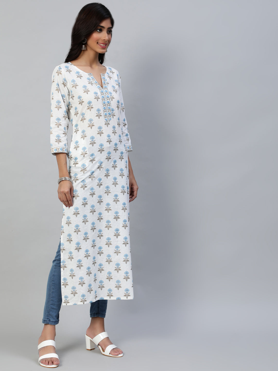 Women Off White Printed Straight Kurta With Three Quarter Sleeves | LASVINI - Redefining Indian Fashion with Elegance