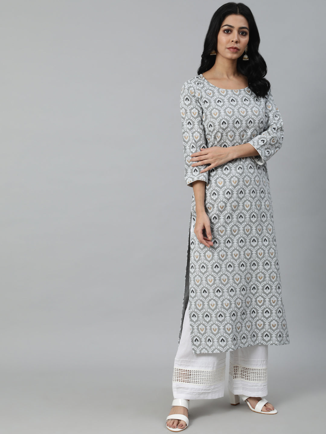 Women Grey Printed Straight Kurta With Plazo & Dupatta | LASVINI - Redefining Indian Fashion with Elegance