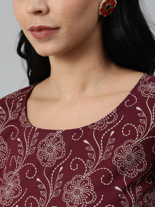 Women Burgundy & Beige Motifs Printed Pure Cotton Kurta With Plazzos And Dupatta | LASVINI - Redefining Indian Fashion with Elegance