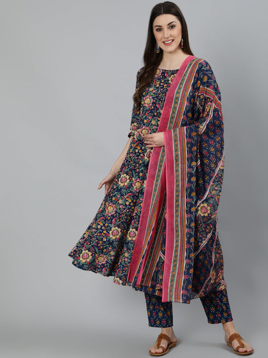 Women Blue Floral Printed Pure Cotton Kurta With Trouser And Dupatta | LASVINI - Redefining Indian Fashion with Elegance