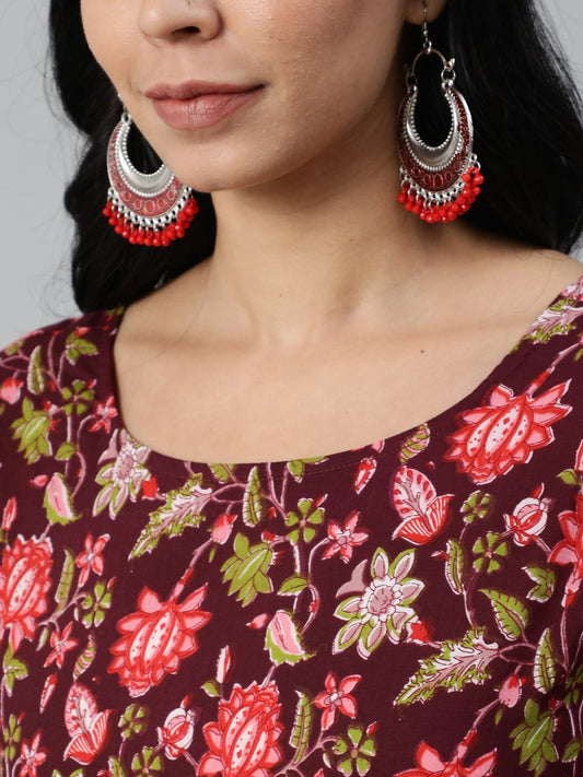 Women Burgundy Printed Flared Kurta With Trouser & Dupatta | LASVINI - Redefining Indian Fashion with Elegance