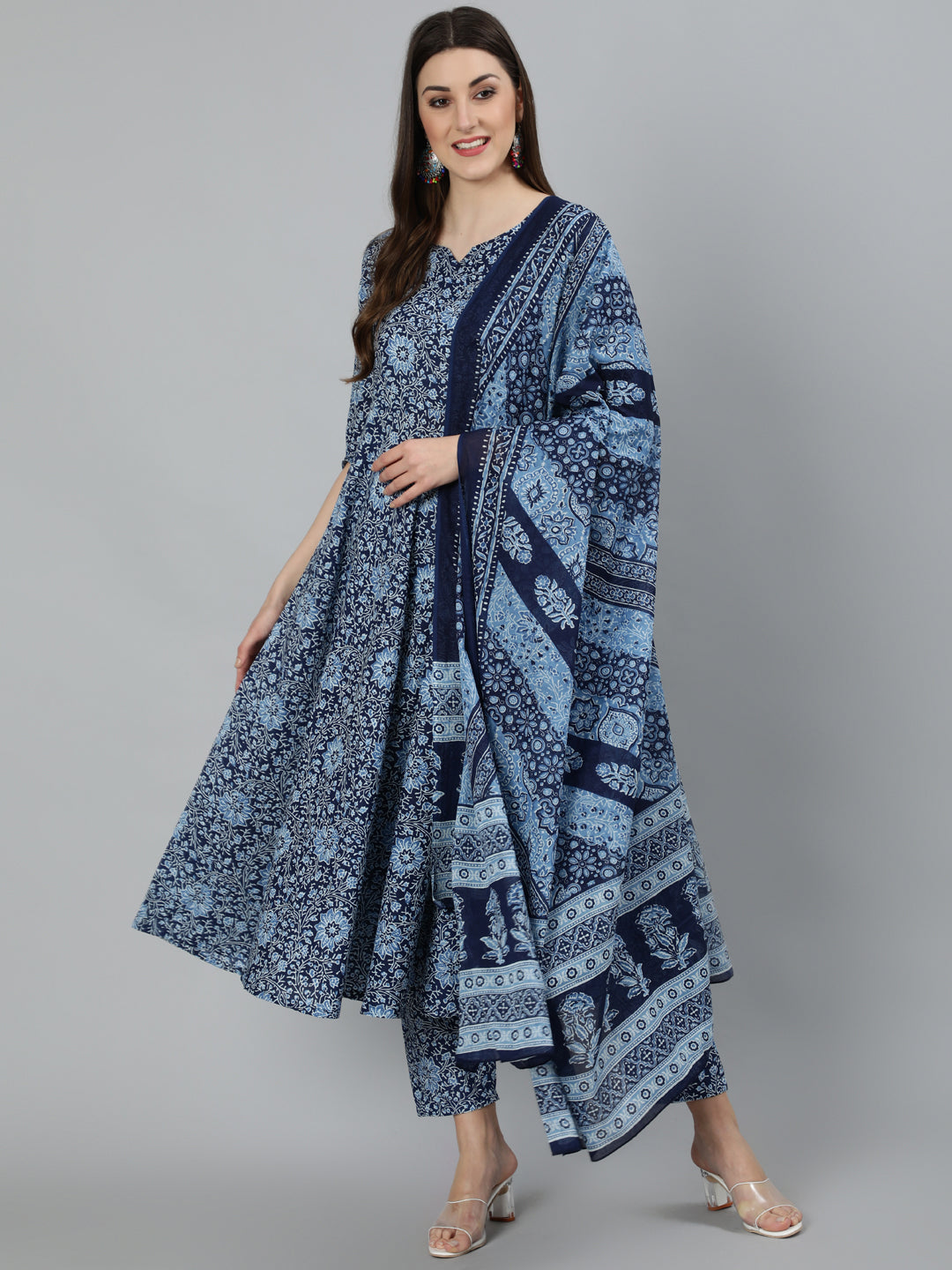 Women Blue Ethnic Motifs Printed Pure Cotton Kurta With Palazzos & Dupatta | LASVINI - Redefining Indian Fashion with Elegance