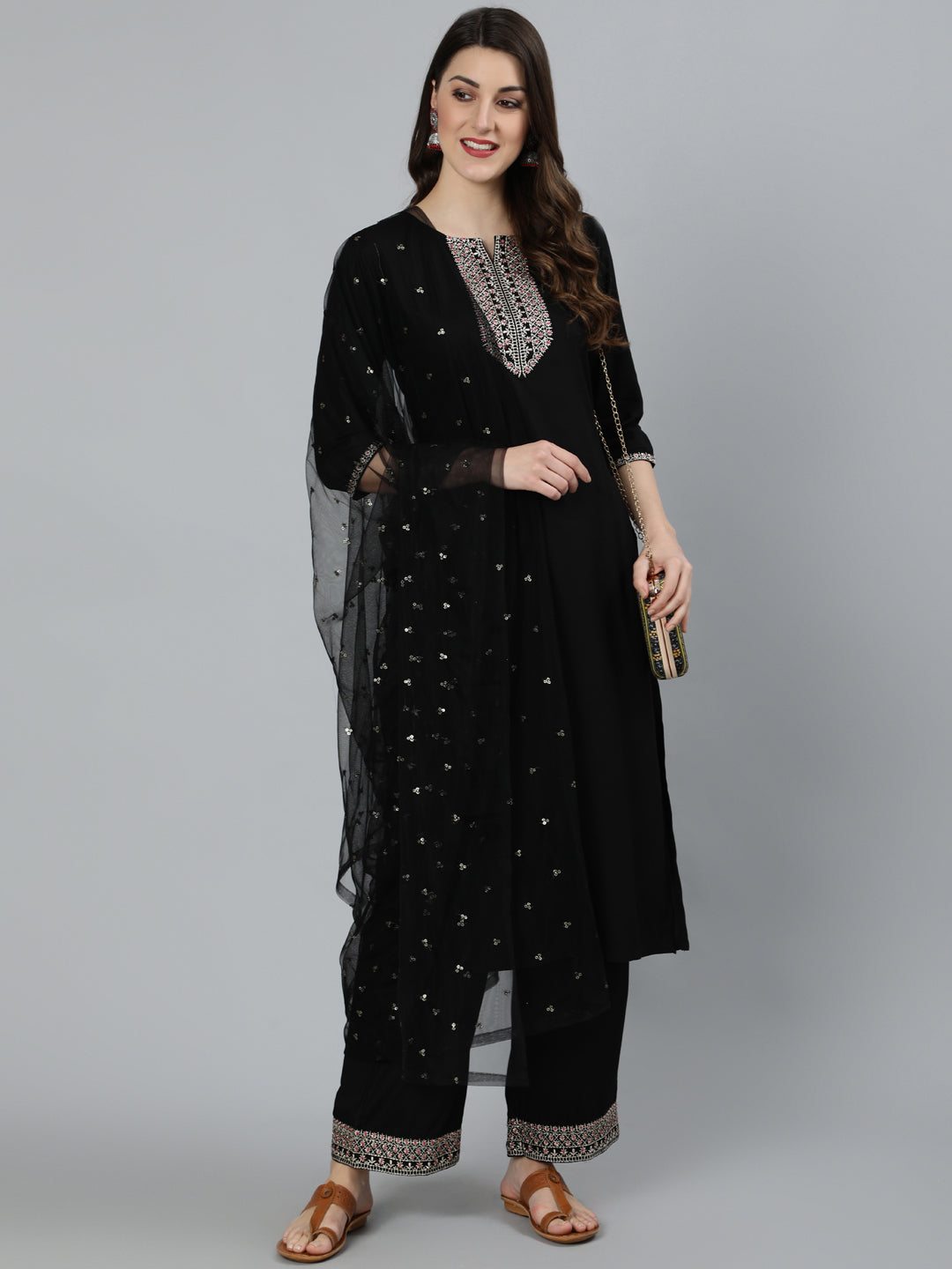 Women Black Embroidered Straight Kurta With Plazo & Dupatta | LASVINI - Redefining Indian Fashion with Elegance