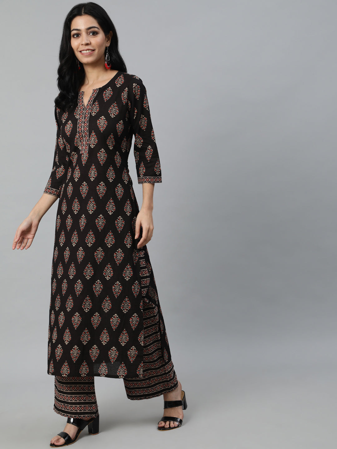 Women Black Printed Straight Kurta With Plazo & Dupatta | LASVINI - Redefining Indian Fashion with Elegance