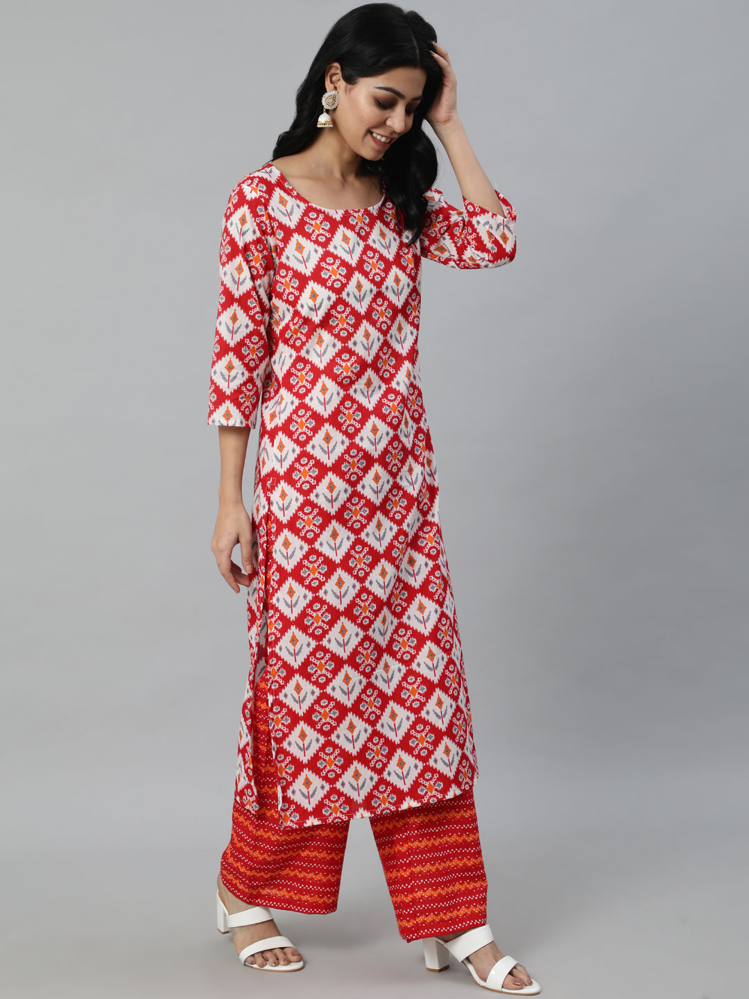 Women Red Printed Straight Kurta With Plazo & Dupatta | LASVINI - Redefining Indian Fashion with Elegance