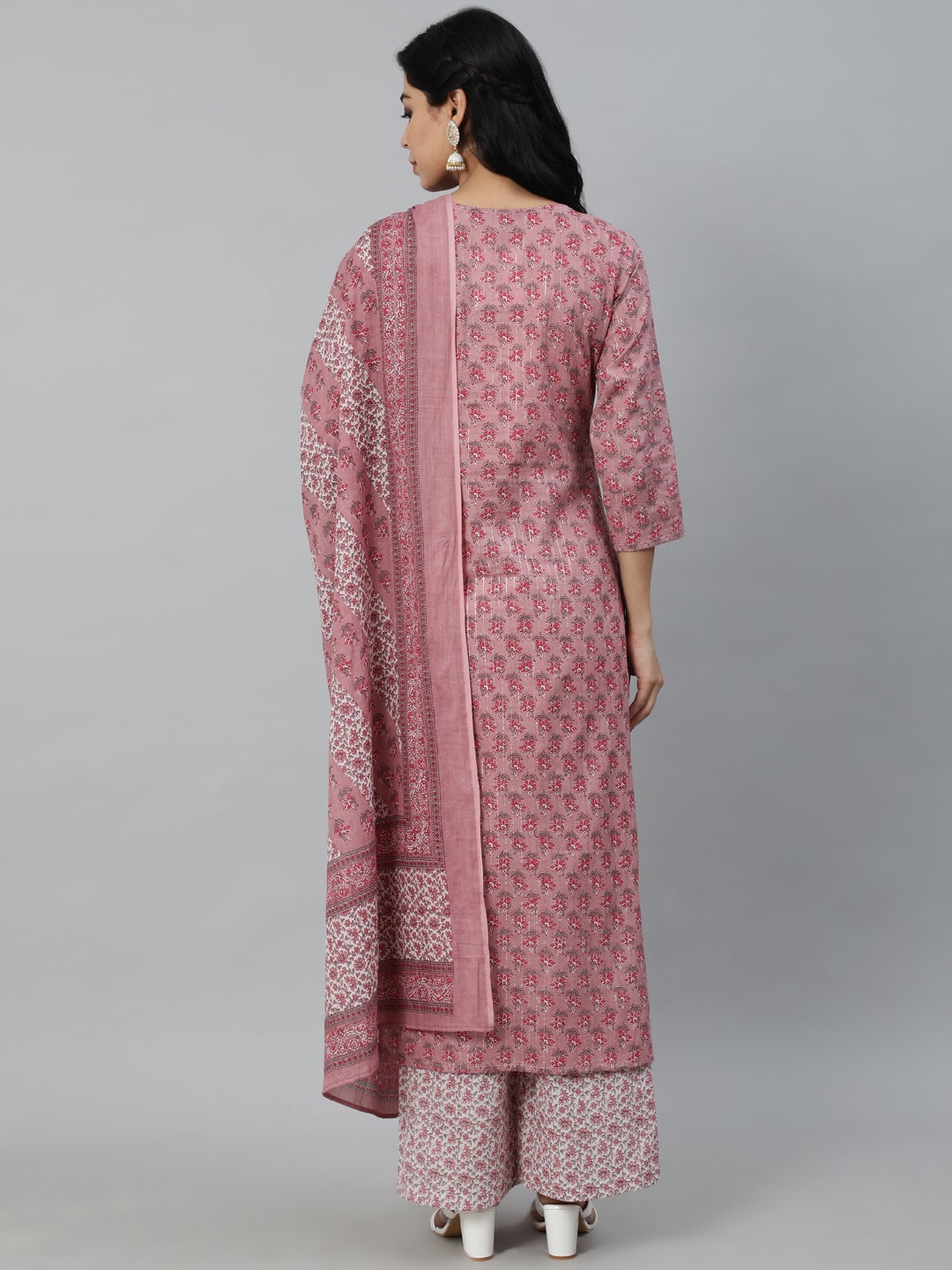Women Pink Floral Printed Pure Cotton Kurta & Plazzos With Dupatta | LASVINI - Redefining Indian Fashion with Elegance