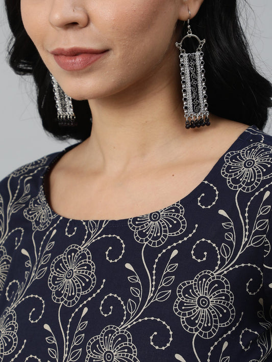 Women Navy Blue Printed Kurta With Plazzo & Dupatta | LASVINI - Redefining Indian Fashion with Elegance
