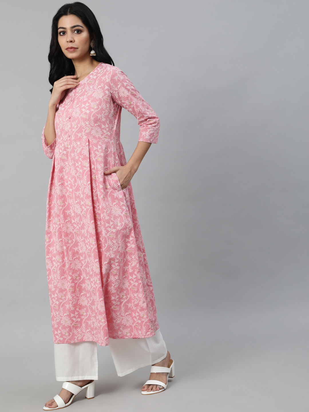 Women Pink Printed Flared Kurta With Trouser & Dupatta | LASVINI - Redefining Indian Fashion with Elegance