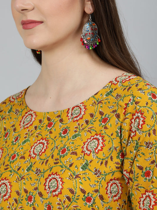 Women Mustard Printed Flared Kurta With Trouser & Dupatta | LASVINI - Redefining Indian Fashion with Elegance