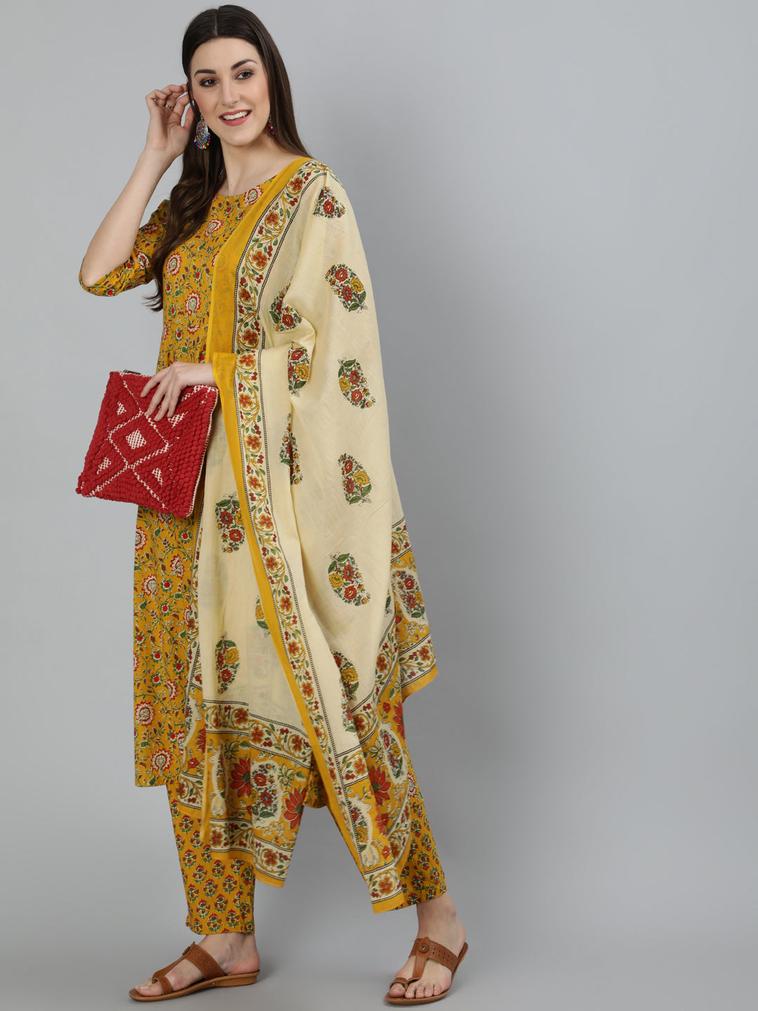 Women Mustard Printed Flared Kurta With Trouser & Dupatta | LASVINI - Redefining Indian Fashion with Elegance