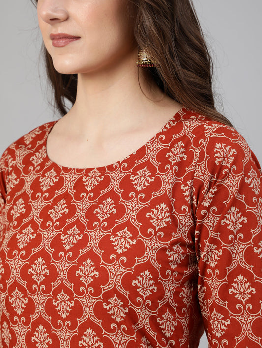 Women Rust Ethnic Printed Straight Kurta With Palazzo And Dupatta | LASVINI - Redefining Indian Fashion with Elegance