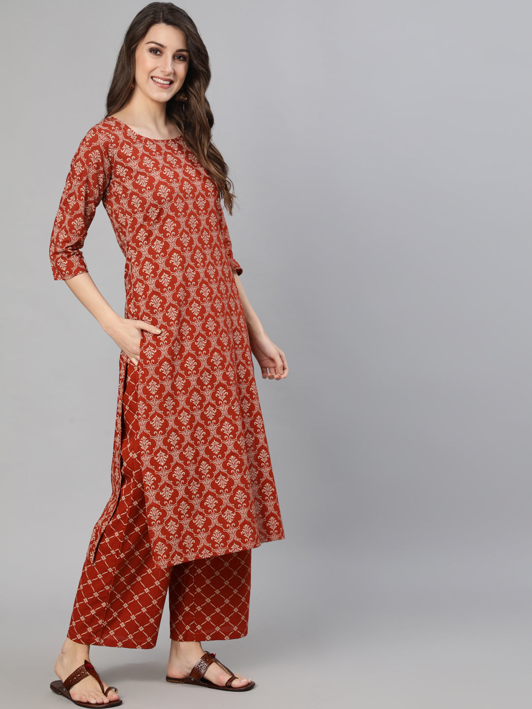 Women Rust Ethnic Printed Straight Kurta With Palazzo And Dupatta | LASVINI - Redefining Indian Fashion with Elegance
