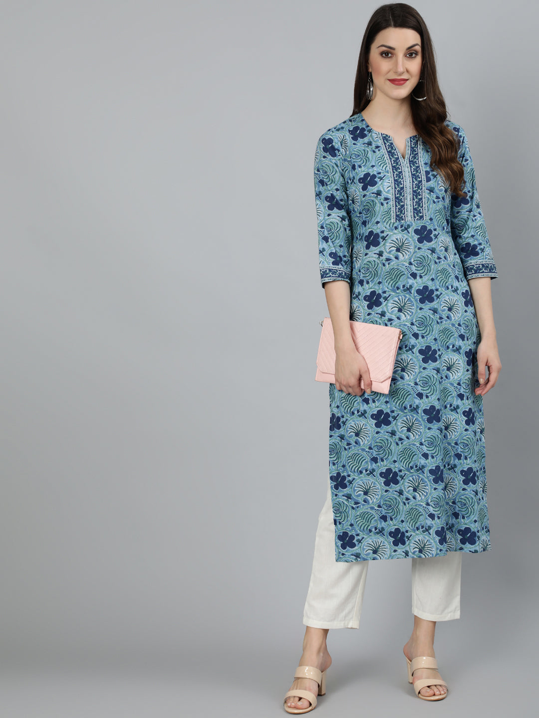 Women Blue Floral Printed Straight Kurta With Three Quarter Sleeves | LASVINI - Redefining Indian Fashion with Elegance