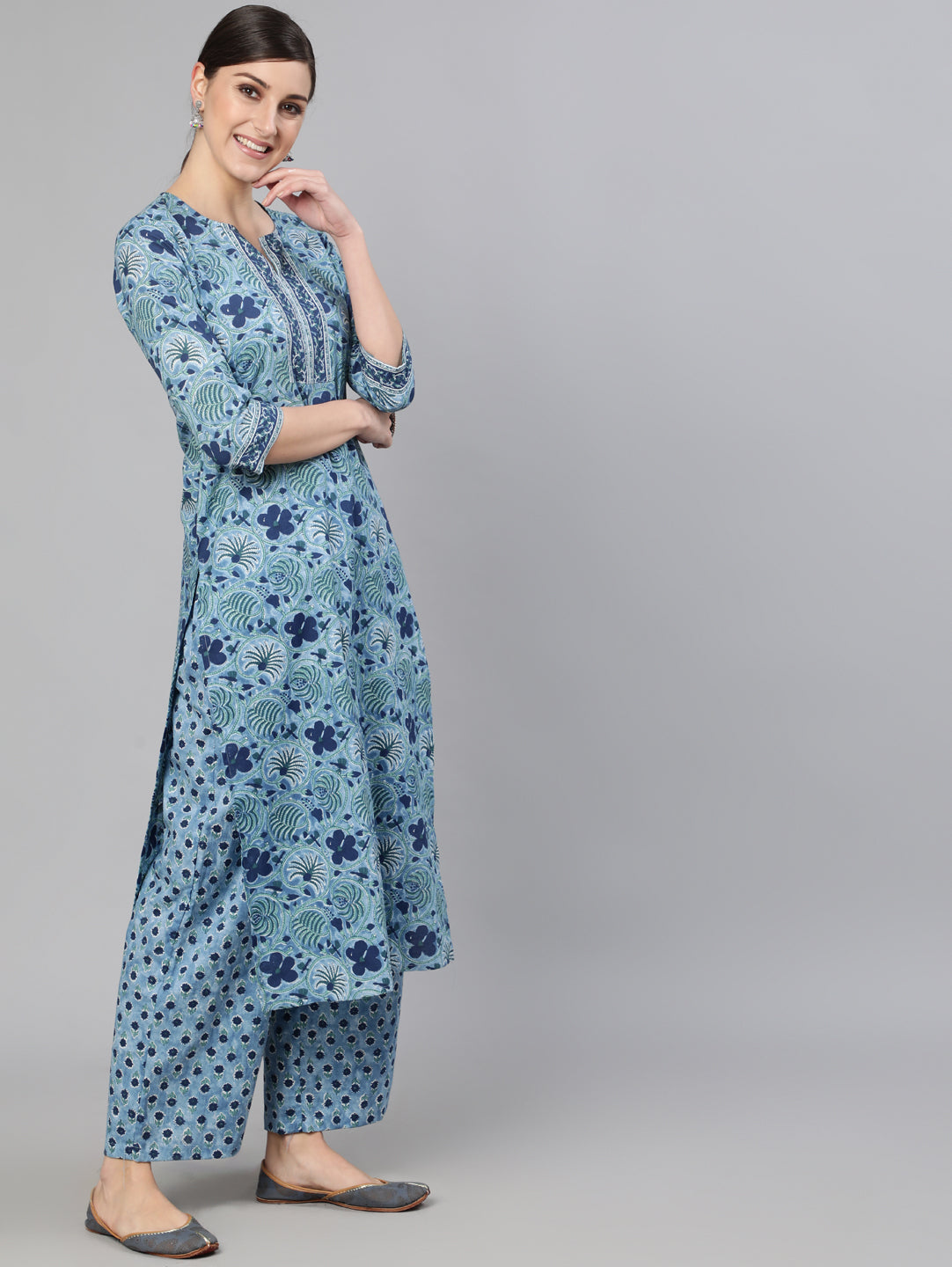 Women Blue Printed Straight Kurta With Plazo & Dupatta | LASVINI - Redefining Indian Fashion with Elegance