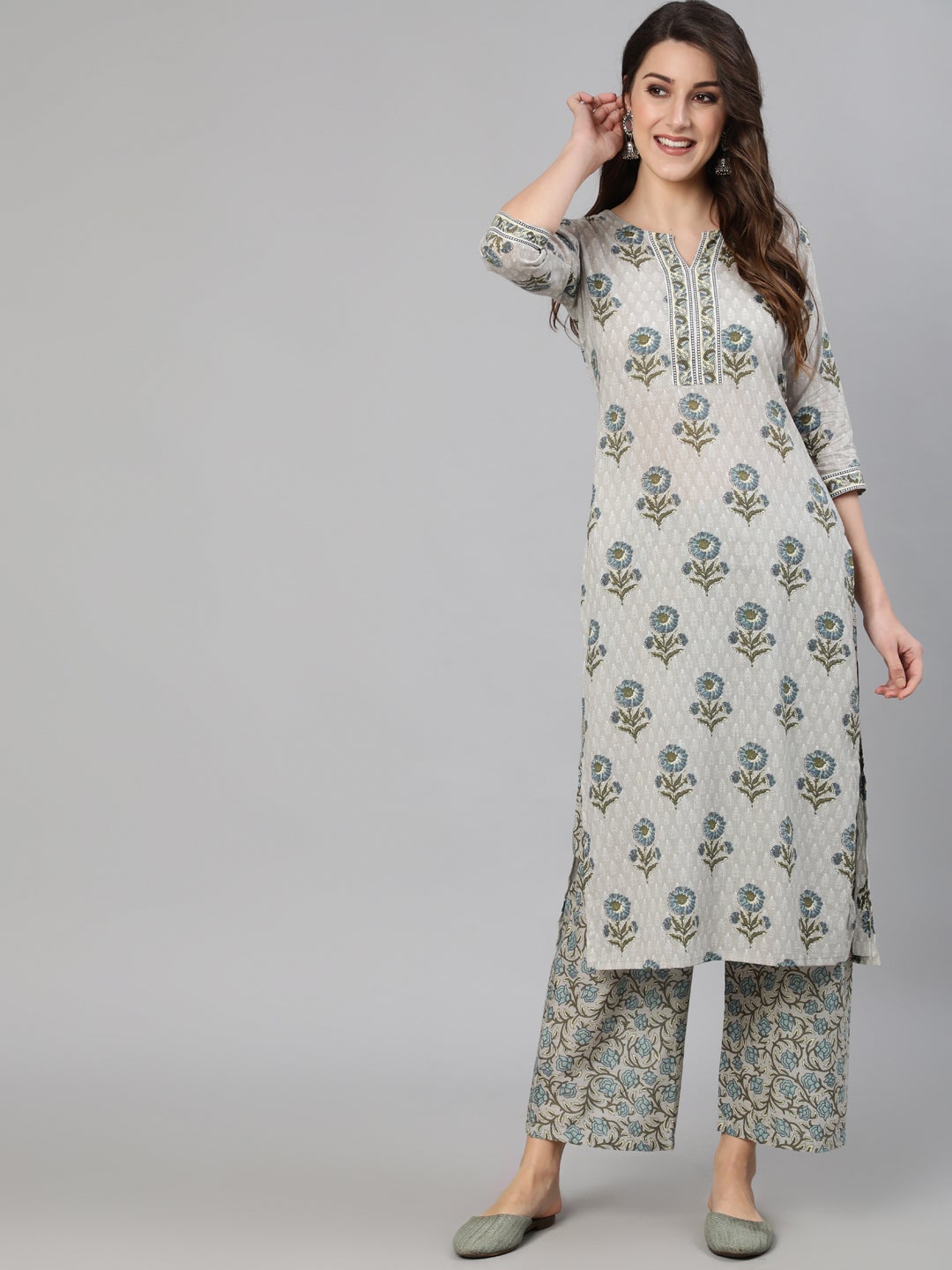 Women Grey Floral Printed Straight Kurta With One Side Pocket | LASVINI - Redefining Indian Fashion with Elegance