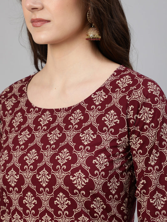 Women Burgundy Ethnic Printed Straightb Kurta With Palazzo & Dupatta | LASVINI - Redefining Indian Fashion with Elegance