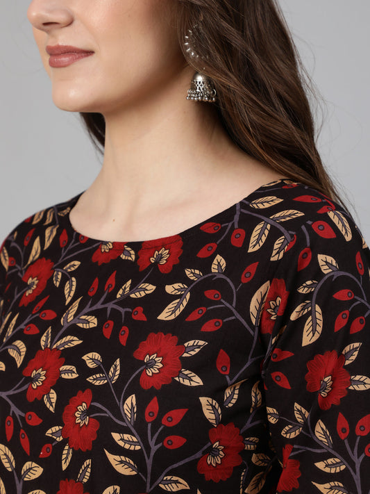 Women Black And Maroon Floral Printed Kurta With Trouser & Dupatta | LASVINI - Redefining Indian Fashion with Elegance