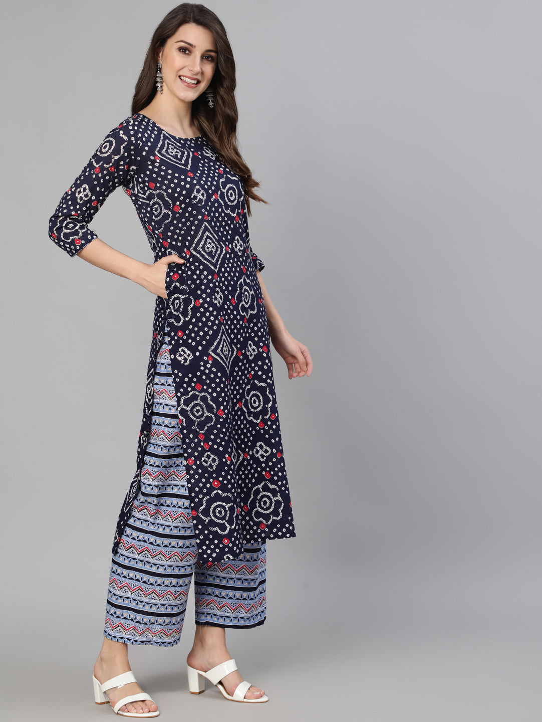 Women Blue Bandhani Printed Straight Kurta With Palazzo Dupatta | LASVINI - Redefining Indian Fashion with Elegance