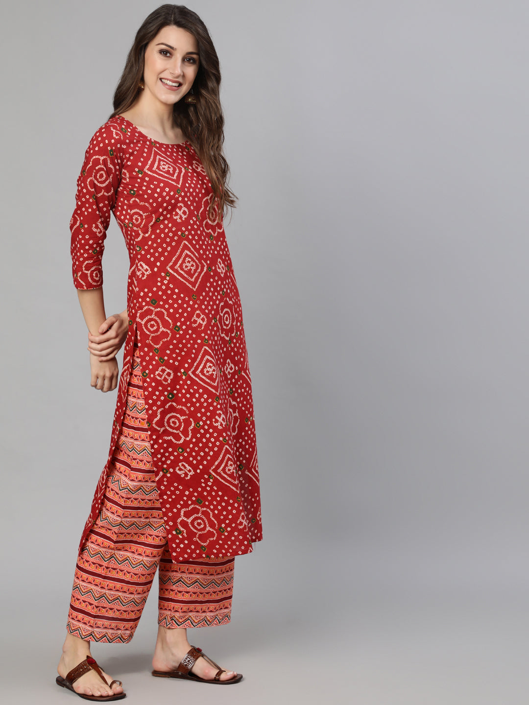 Women Red Bandhani Printed Straight Kurta With Palzzo And Dupatta | LASVINI - Redefining Indian Fashion with Elegance