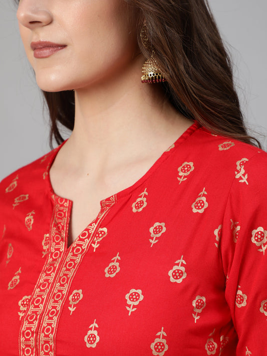 Women Red Gold Ethnic Printed Kurta With Palazzo And Sequence Dupatta | LASVINI - Redefining Indian Fashion with Elegance