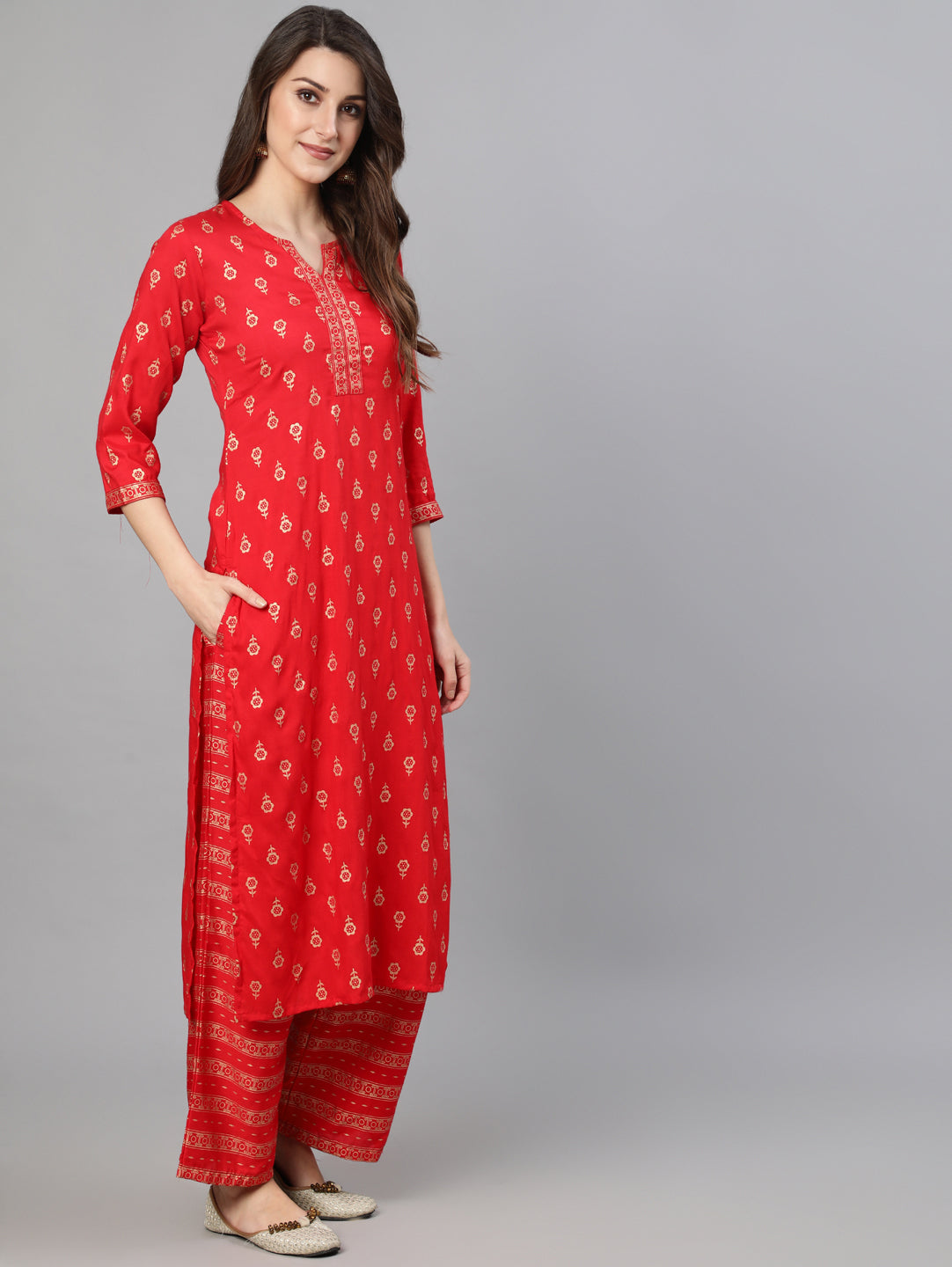 Women Red Gold Ethnic Printed Kurta With Palazzo And Sequence Dupatta | LASVINI - Redefining Indian Fashion with Elegance